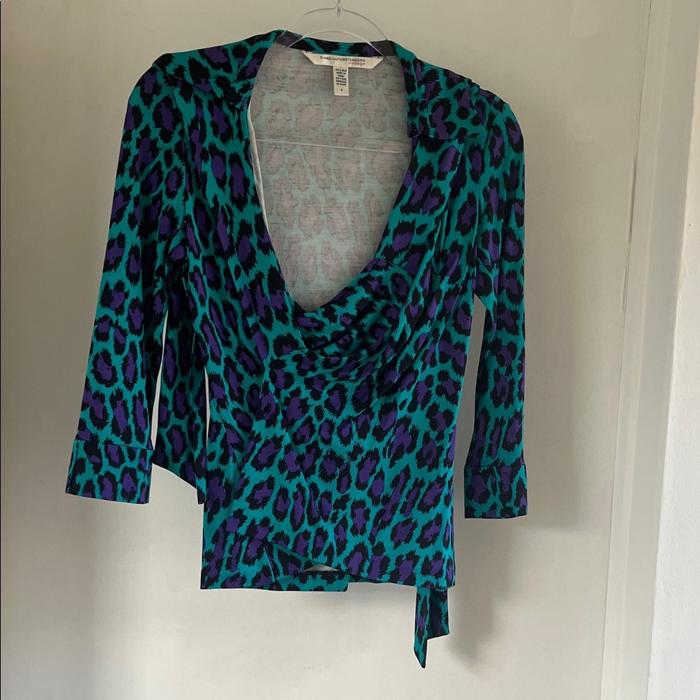 Diane Von Furstenberg Vintage Teal and Purple Leopard Wrap Top